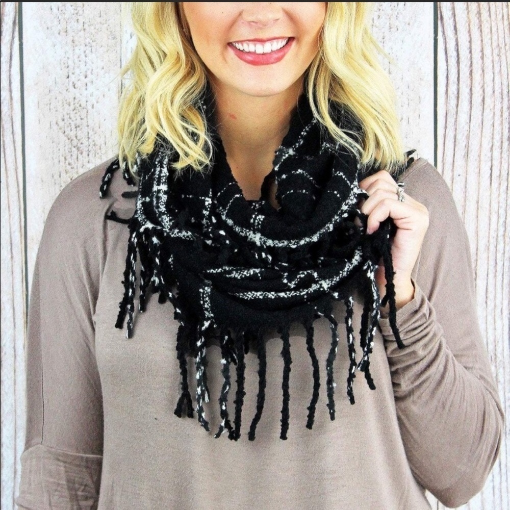 Black & white plaid flannel fringe infinity scarf